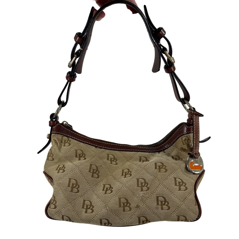 Dooney & Bourke Signature Monogram Canvas Shoulder Bag Brown Tan Vintage Hobo